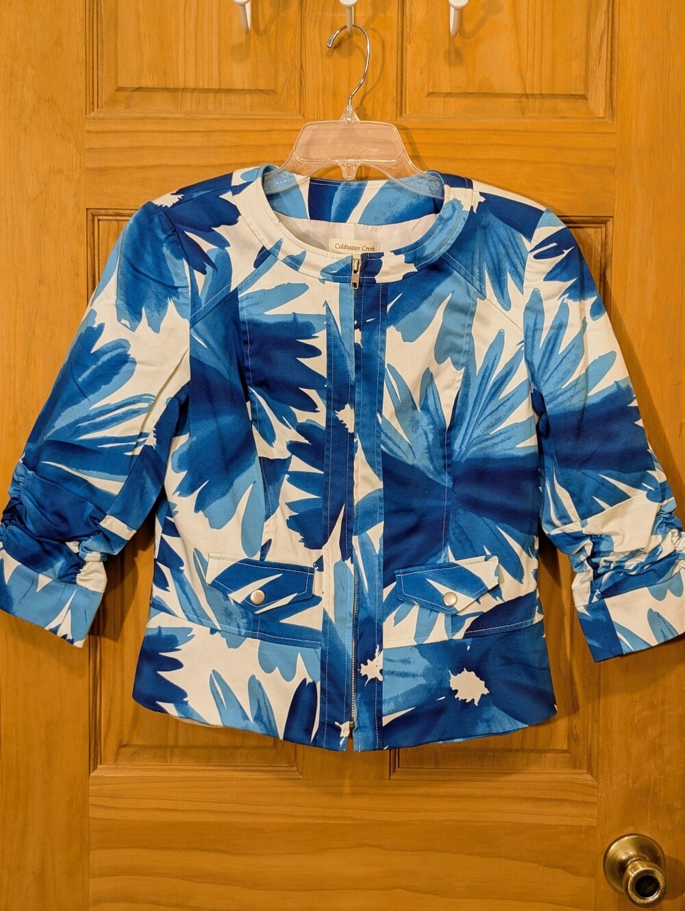 Coldwater Creek Jacket Zip Blue White Floral Tropical Colorful Stretch Sz 10